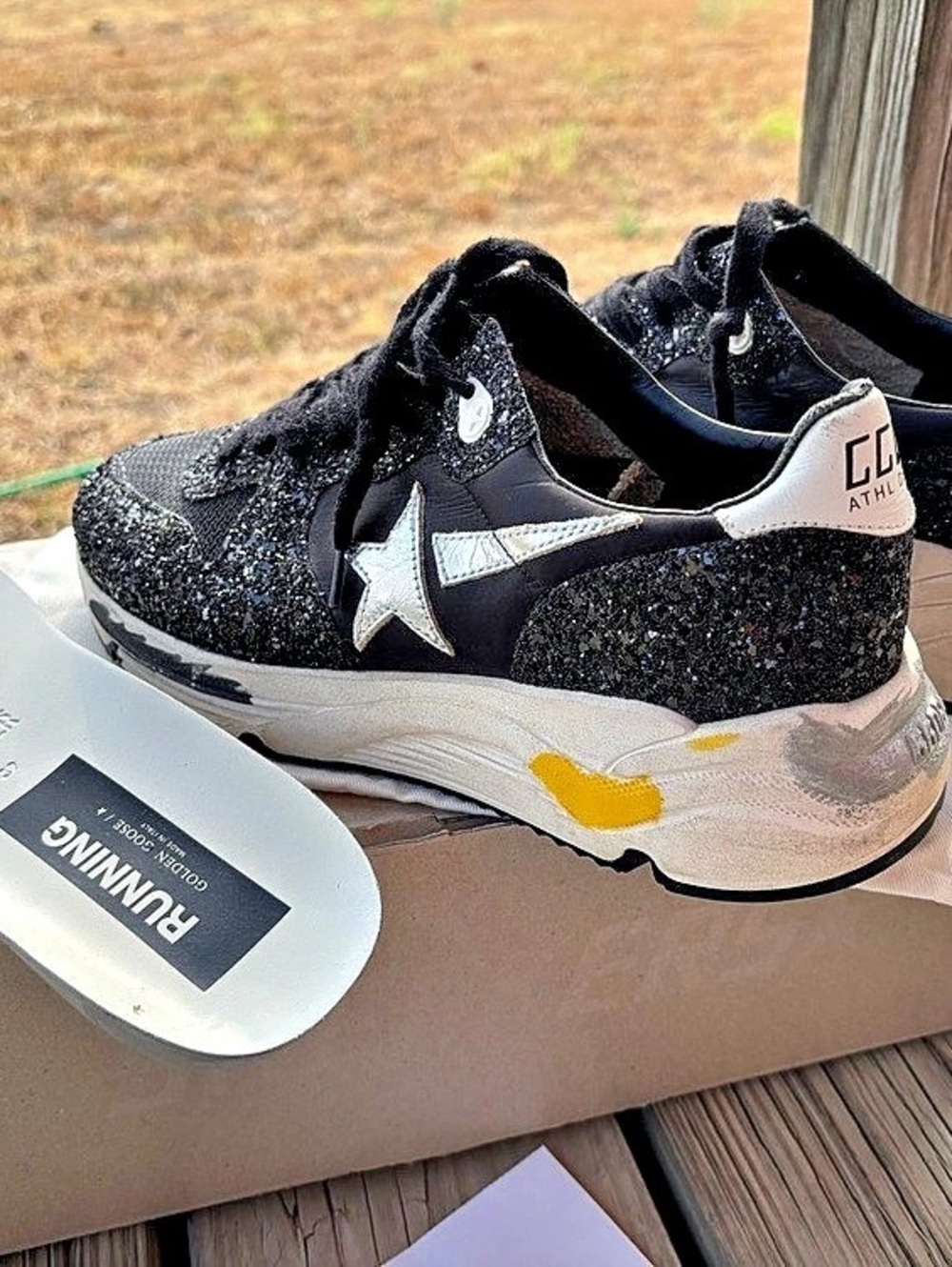 Golden Goose Running Sole Sneakers in Black Glitter and Leather & White